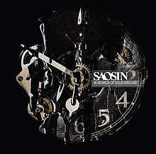 Cover art for In Search of Solid Ground; features a broken clock, with gears exposed, and a dark substance dripping down the face.