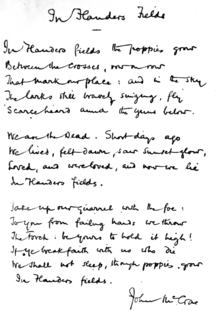 The poem handwritten by McCrae. In this copy, the first line ends with "grow", differing from the original printed version.