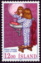 A drawing of a girl standing up and brushing her teeth near a sink, cup, mirror, and tube of toothpaste