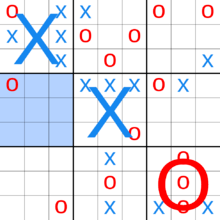An incomplete board of Ultimate Tic-Tac-Toe.