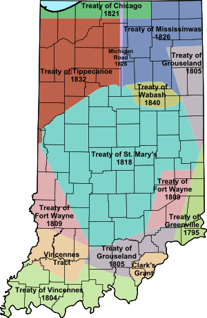 A colorful map of Indiana with treaty names