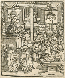 Woodcut illustration of a preacher preaching to listening people while other people exchange money for indulgence certificates. The papal arms are displayed on the walls on either side of a cross.