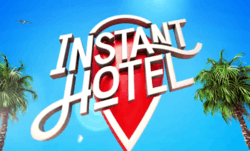 The words Instant Hotel superimposed on a location marker in between two palm trees