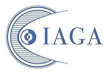 Stylized line drawing of circles symbolizing orbits in the Solar System, with letters "IAGA" to the right. Dark blue lines on white.