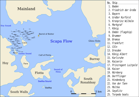 A map designating the locations where the German ships were sunk