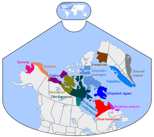 Inuktitut dialect map with labels in Inuktitut inuujingajut or local Roman alphabet