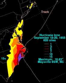 A rainfall graphic showing the eastern seaboard of the eastern seaboard of the United States. There is a track line entering central North Carolina then curves to the Northeast and the track line exits the coast near the Virginia border. The highest rainfall amounts, 15 inches (380&nbsp;mm), are to the southeast of the track. The further southwest and north you go the lesser the rainfall amounts in those areas.
