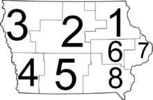 A map of Iowa with the eight judicial districts superimposed upon the state.