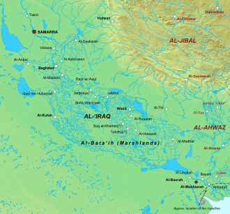 Geophysical map of lower Iraq, with the main settlements and provinces denoted