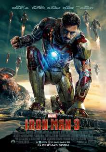 Tony, as Iron Man in his battle damaged suit sitting with water around him, while his house behind is destroyed. Stark's Iron Legion is flying, while the Marvel logo with the film's title, credits and release date are below.