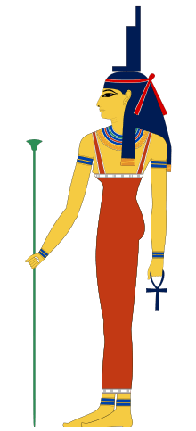 Isis stands in a composite pose, wearing the throne hieroglyph on her head, and holding an ankh and staff.