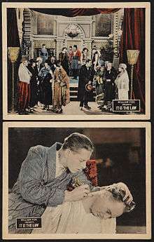 Two lobby cards—above, a crowd of people in a richly decorated room; below, a man tattooing another man's neck to match his—both captioned 'William Fox presents It Is the Law
