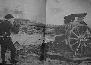 Black-and-white photograph of Churchill in uniform looking down the barrel of a large artillery gun with A stone barricade visible in the background