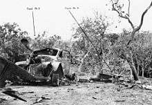 Destroyed vehicles amidst a devastated jungle scene