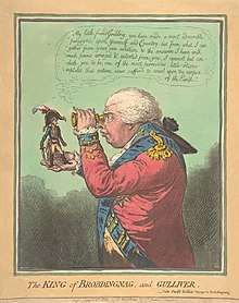 A span-high Napoleon stands on the outstretched hand of a full-size George III, who peers at him through a spy-glass.