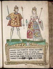 A picture on a page in an old book. A man at left wears tights and a tunic with a lion rampant design and holds a sword and sceptre. A woman at right wears a dress with an heraldic design bordered with ermine and carries a thistle in one hand and a sceptre in the other. They stand on a green surface over a legend in Scots that begins "James the Thrid of Nobil Memorie..." (sic) and notes that he "marrit the King of Denmark's dochter."