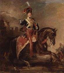 painting of man wearing a British 19th-century cavalry uniform astride a black horse