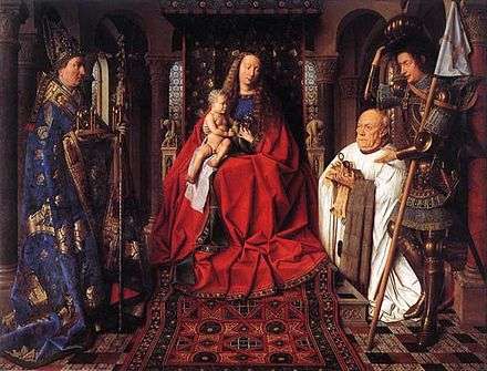 The Virgin Mary and the child Jesus seated on an elevated throne decorated with biblical figures. To the left is St. Donatian (standing). The panel's donor Joris van der Paele kneels in prayer as St. Donatian stands over him