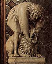 Samson holds open the jaws of a lion with his bare hands; right of Mary