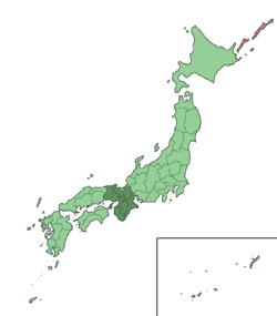Map showing the Kansai region of Japan. It comprises the mid-west area of the island of Honshu.