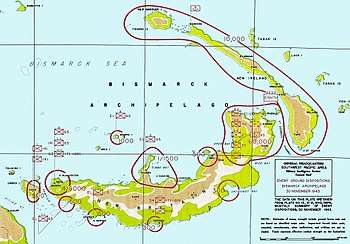 Colour map of New Britain and nearby islands marked with the location and strength of the Japanese forces stationed on them