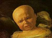 A painting which depicts an upset infant with furrowed brow and mouth opened in a cry