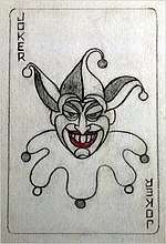 Sketch of a playing card with a grinning Joker