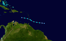 Track map of a short-lived and disorganized tropical storm through the Central Atlantic and eastern Caribbean Sea