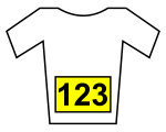 A jersey with a black rider number on a yellow background