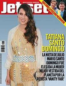 Front cover of issue 196 of Jet-Set featuring heiress and socialite Tatiana Santo Domingo on the lower right side it reads "Tatiana Santo Domingo, granddaughter of Julio Santo Domingo was chosen World's Best Dressed Woman by Vanity Fair magazine". On the upper right hand corner a small picture of Colombia's then-newly inaugurated president Juan Manuel Santos Calderón and his wife First Lady María Clemencia Rodríguez Múnera to his left, bordered on the left with a yellow ban going from left to right diagonally from the top that reads "All about the presidential inauguration".