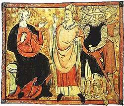 Manuscript illustration. The central man is wearing robes and a mitre and is facing the seated figure on the left. The seated man is wearing a crown and robes and is gesturing at the mitred man. Behind the mitred figure are a number of standing men wearing armor and carrying weapons.