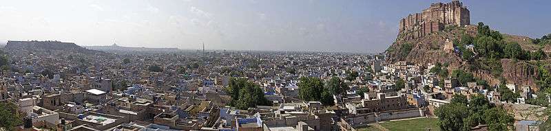 Panorama view of Jodhpur, with the Mehrangarh Fort to the right, and the city centre below