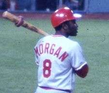 A man wearing a gray baseball jersey with "Morgan" and a large "8" on the back in red block lettering and holding a baseball bat over his left shoulder
