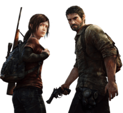 Artwork of a teenage girl, with brown hair. She has a backpack, with a sniper rifle strapped to her side, and is standing beside a man in his 40's, who has brown hair and beard, and a revolver in his right hand.