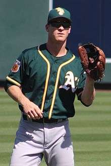 A man wearing a dark green cap and jersey with a white A on the chest and gray pants holds up his brown leather baseball glove preparing to catch a ball