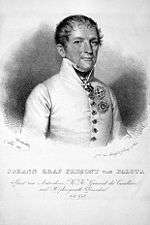 Print of Johann Maria Philipp Frimont in a white military uniform with one row of buttons