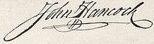 The handwriting of John Hancock's stylish signature, which slants slightly to the right, is firm and legible. The final letter loops back to underline his name in a flourish.