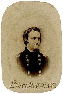 Black and white oval portrait of Breckinridge in blue U.S. Army uniform. Young man in his 20s, dark hair.