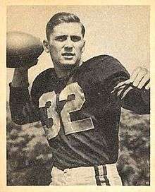 Lujack on a 1948 Bowman football card, wearing jersey No. 32, posing as if attempting a pass