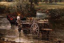 An oil painting of a large steerable cart being drawn by two strong horses through a river