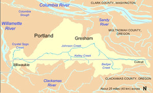 Johnson Creek flows through the Clackamas and Multnomah counties from near Cottrell, Oregon, on the east to Milwaukie, Oregon, on the west. Much of its watershed lies in Gresham and Portland, both in Multnomah County.