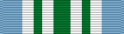 A multicolored military ribbon. From left to right the color patellow stripe, thin red stripe, thin white stripe, thin blue stripe, very thick yellow stripe, very thick red stripe