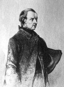 Three-quarter-length drawing of a middle aged man with hair pulled back, in a heavy coat with large cuffs.