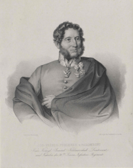 Sepia print labeled JOS FRIEDR FREIHERR V PALOMBINI shows a man with mutton-chop sideburns. He wears a light gray military uniform and is wrapped in a darker cloak.