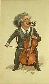 caricature of a man playing the cello; he has a large moustache and a mane of grey hair