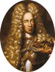 Oval painting of a man wearing an enormous curly blonde wig that reaches to his chest. Under his pretty golden tresses he wears a steel cuirass.