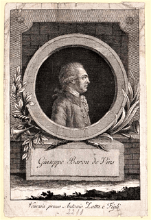 Sepia portrait of a man in profile who has a 18th century wig. He wears a gray coat with one row of buttons. The profile is within a circle over a pedestal labeled Giuseppe Baron de Vins.