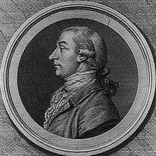 Black and white print of a man wearing a 18th-century wig, dark coat and frilled white shirt.