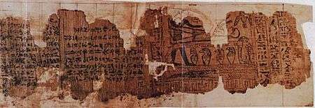Two pieces of papyrus, upon which are Egyptian writing.