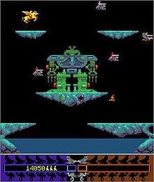 A vertical rectangular video game screenshot that is a digital representation of a fictional world with platforms. A small yellow character on a yellow Pegasus flies around an area populated with floating blue platforms and red and grey knights riding grey buzzards.